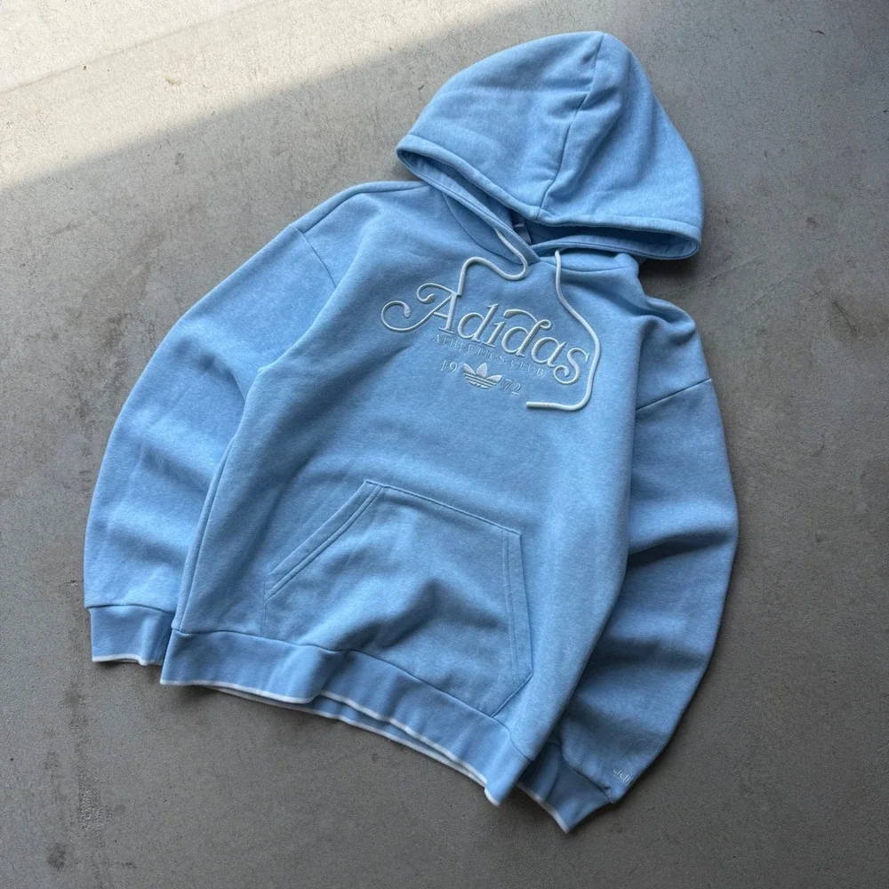 Y2K Mens Adidas Athletics Club 1972 Trefoil Embroidered Hoodie Light Blue XS